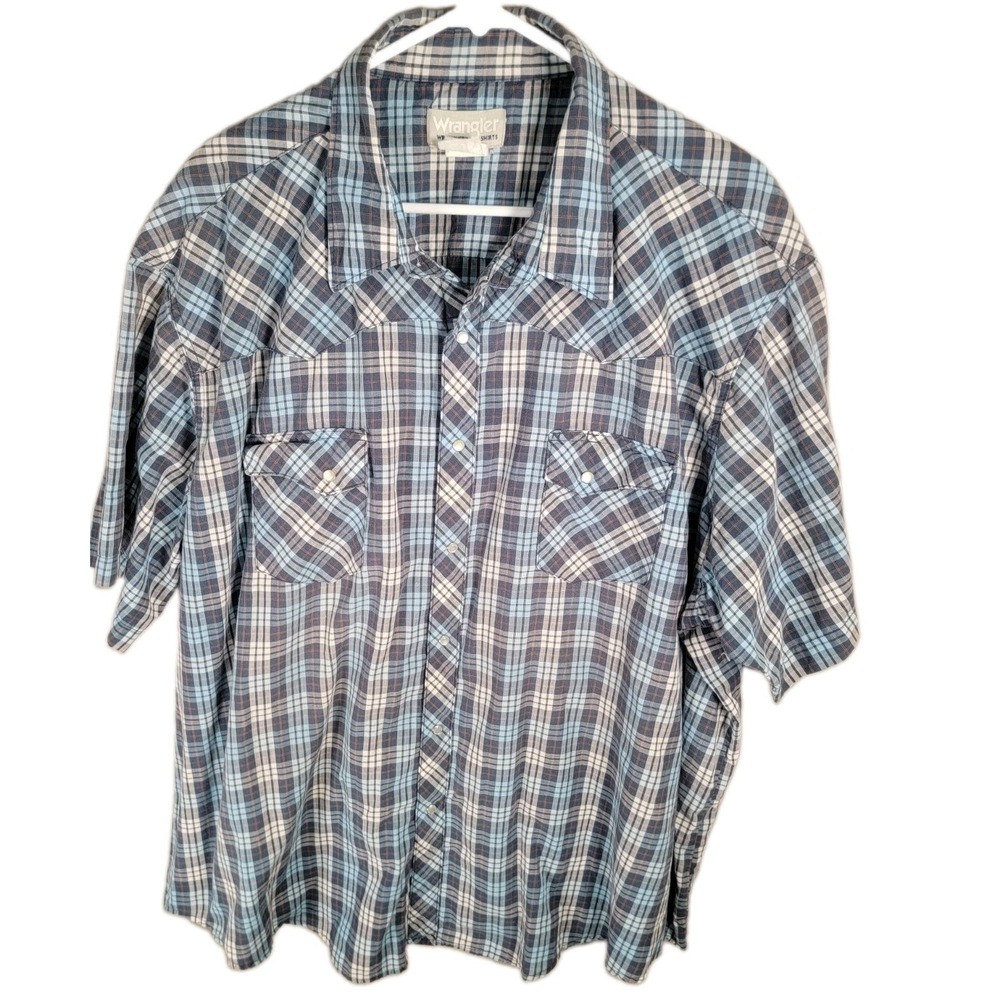 Wrangler Wrancher Mens 3X Western Pearl Snap Shirt Plaid Blue Cowboy Rodeo Big